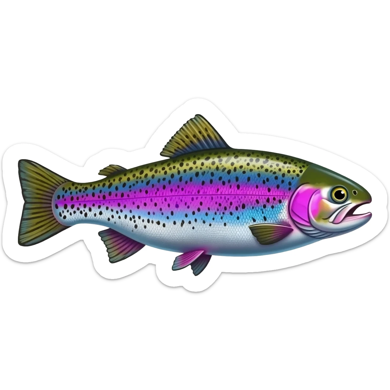 realistic rainbow trout fish bright saturated purple blue green yellow white with scales and black speckles sticker