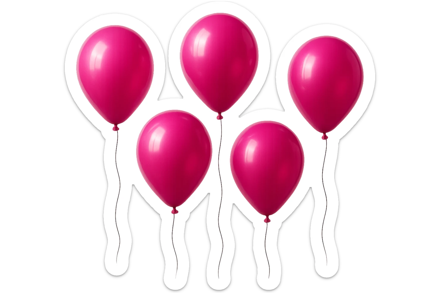 5 palloncini magenta fluttuano in aria isolati su sfondo bianco, iperrealistico 4k sticker