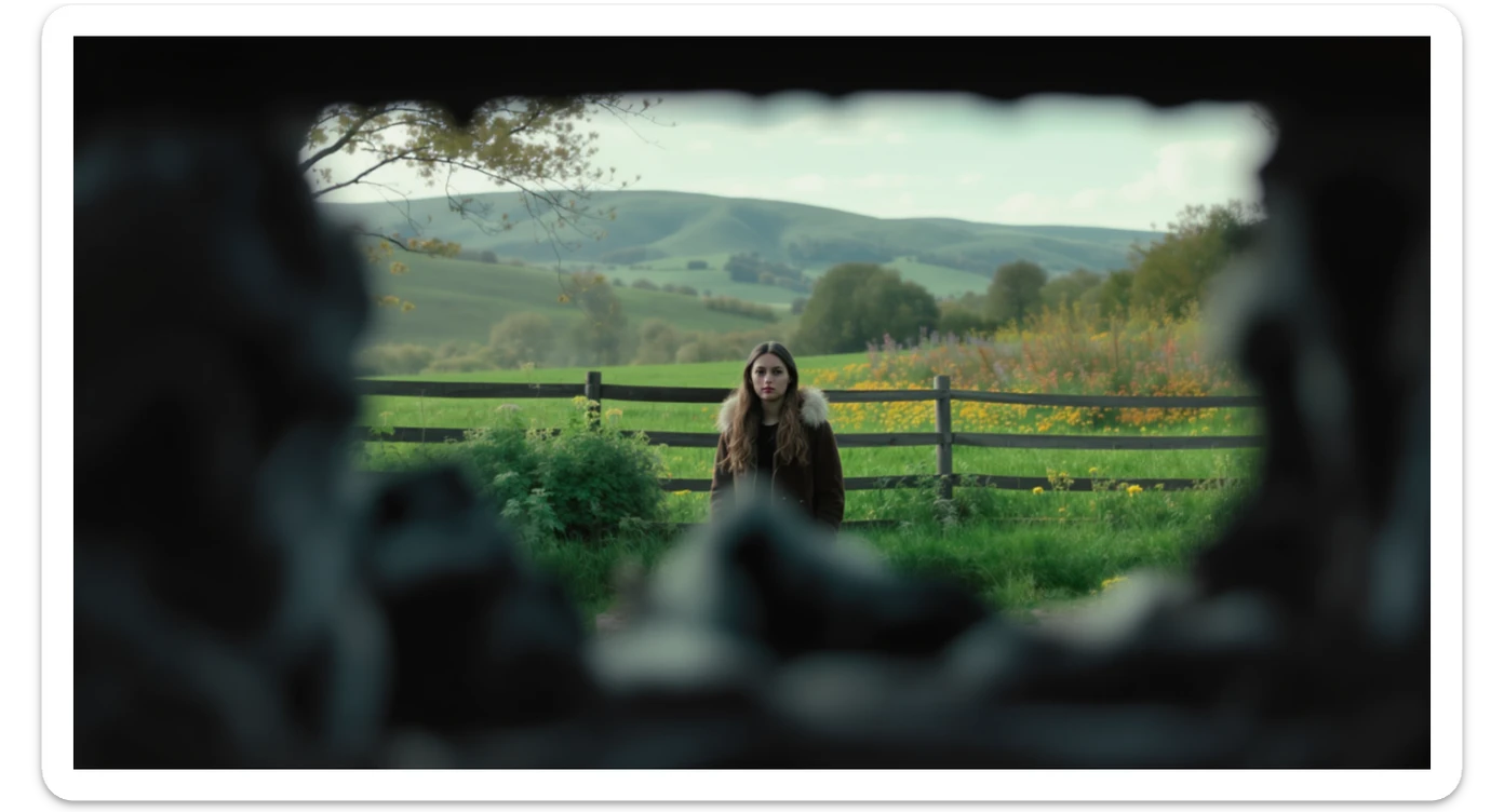 A portrait of a person in the foreground, blurred plants in the foreground (frame within a frame), a wooden fence and colorfull flowers in the midground, rolling hills in the background, cinematic depth of field, layered composition, natural lighting sticker