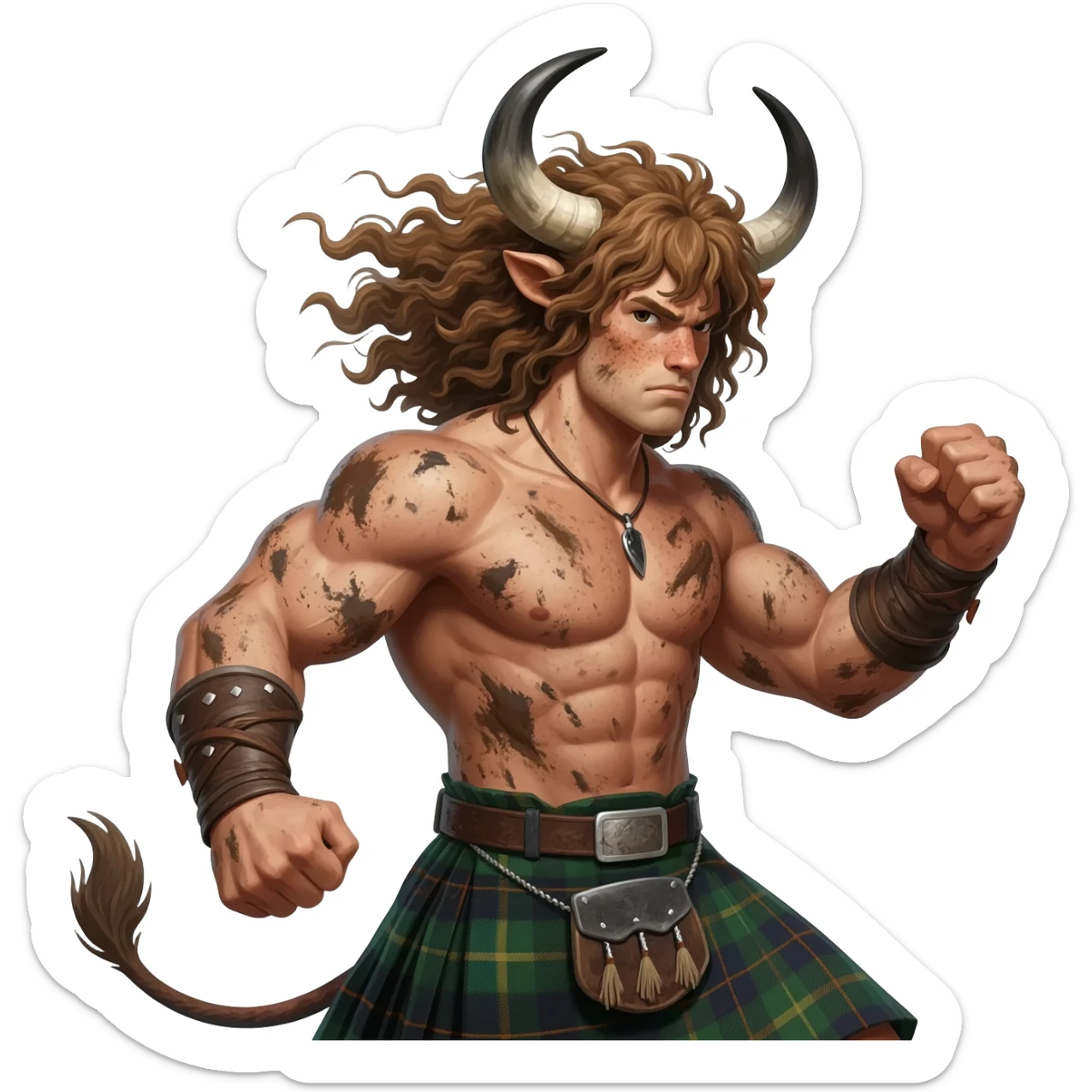 big buff curly hairy man covered in dirt with freckles with messy light brown bangs that covers his face completely with bull horns and bull ears and bull tail dressed in kilt jumped up in a fighting stance with wind in his hair sticker