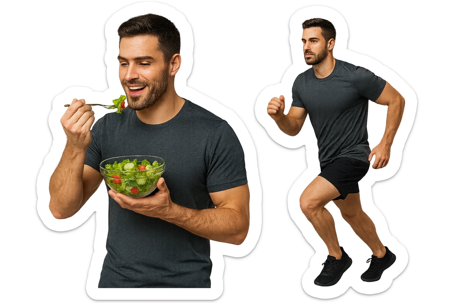 uomo fitness che mangia insalata accanto a uomo identico esteticamente che corre, iperrealistici 4k sticker
