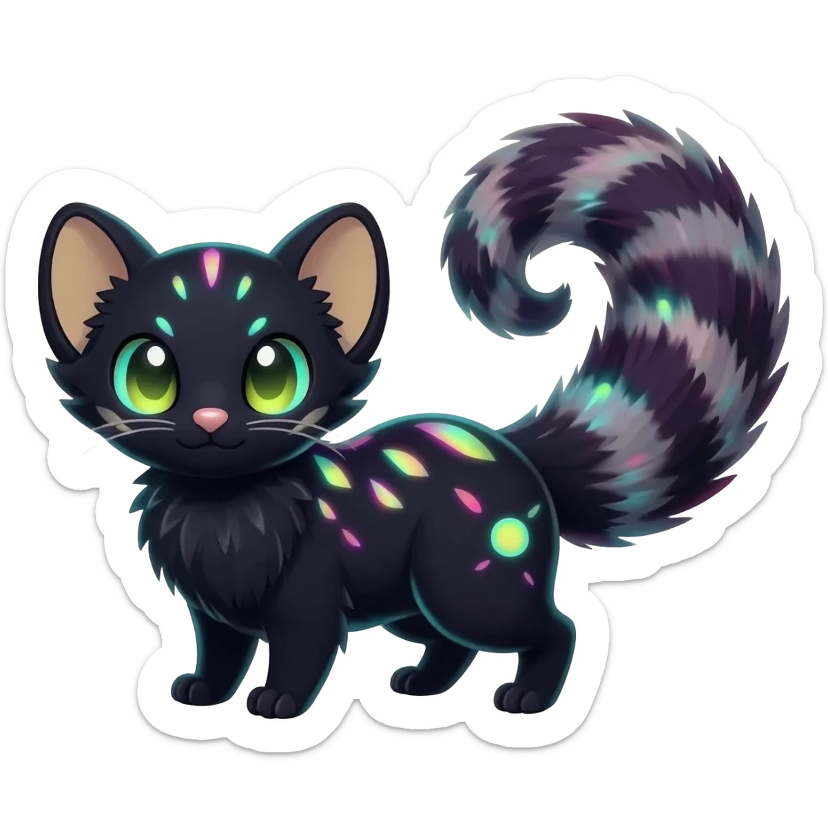  cute adorable pitch-Black-coated fur with glowing bioluminescent random colorful neon-markings iridescent beautiful elegant pretty precious cute young youthful  Fakémon-Pokémon-alien-opossum-feline-serval-caracal-chinchilla-Minccino-hybrid-creature with a big fluffy bushy striped tail (full body) sticker