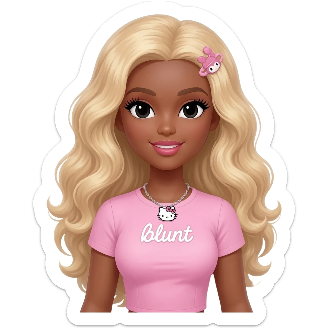 Long giant lashes, my melody hairclip, Doll faced shaped, hello kitty necklace, bimbo, black doll eyes, barbie, dark brown skin with long curly blonde hair, light pink bimbo shirt says "blunt" , big breast sticker