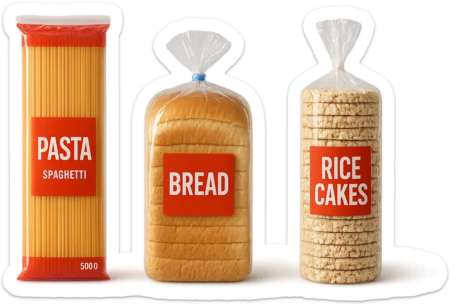 pacco di pasta realistico, pacco di pane, pacco di gallette di riso, 4k sticker