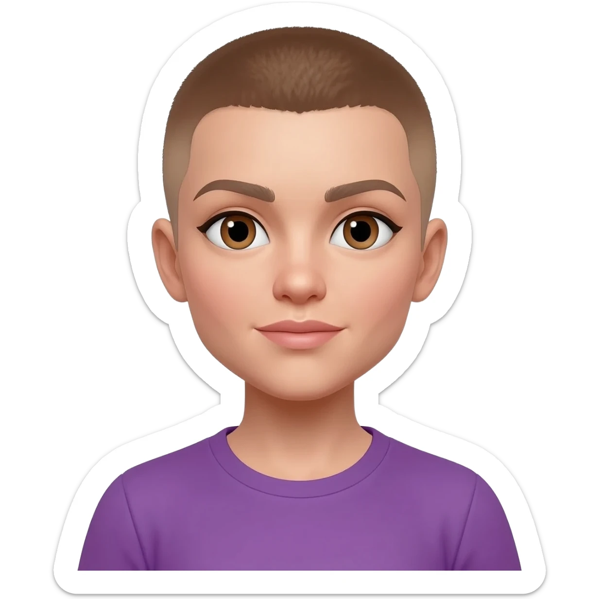 White skin ,  female, light brown buzzcut, purple shirt, neutral  eyes sticker