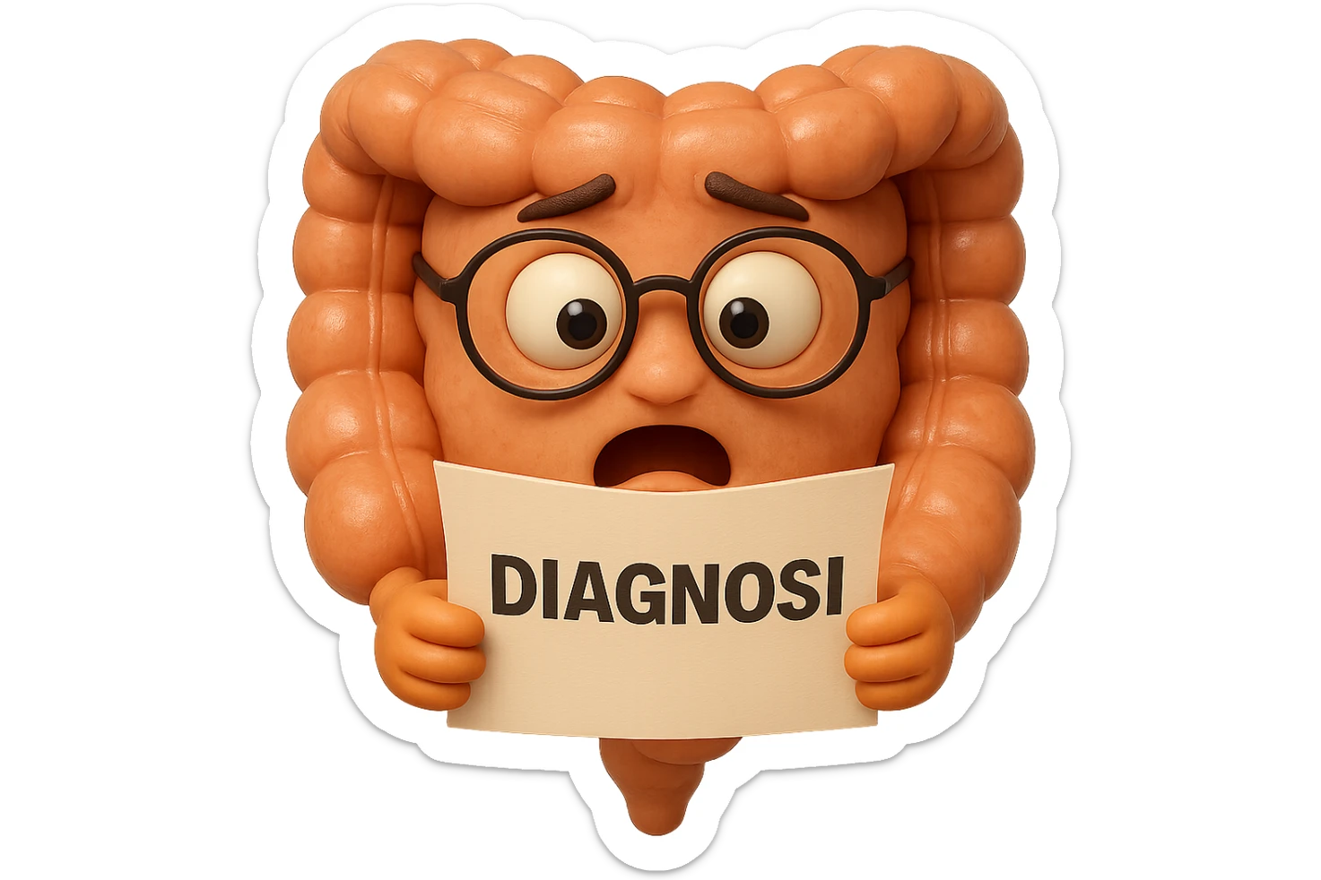 EMOJI STILE IPHONE DI UN INTESTINO CON GLI OCCHIALI CHE LEGGE UN FOGLIO CON LA SCRITTA DIAGNOSI, ESPRESSIONE STUPITA IN VOLTO, IPERREALISTICO 4K sticker