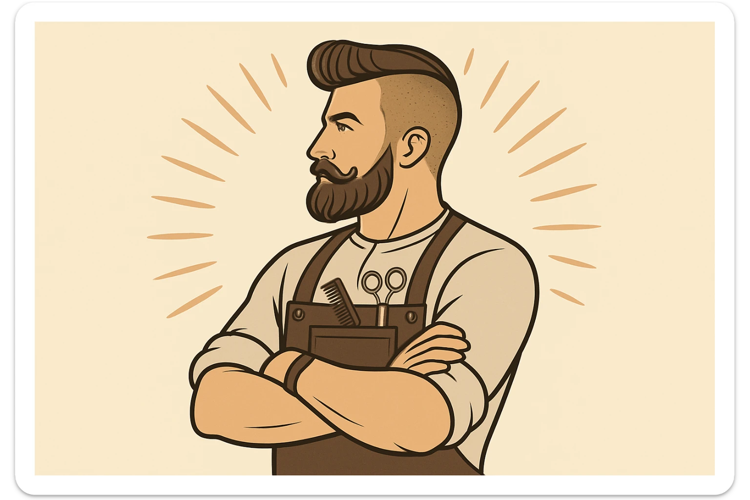 shu pozada turgan faqat chap tarafga qarab turgan sartarosh ustani tasvirlab ber sticker