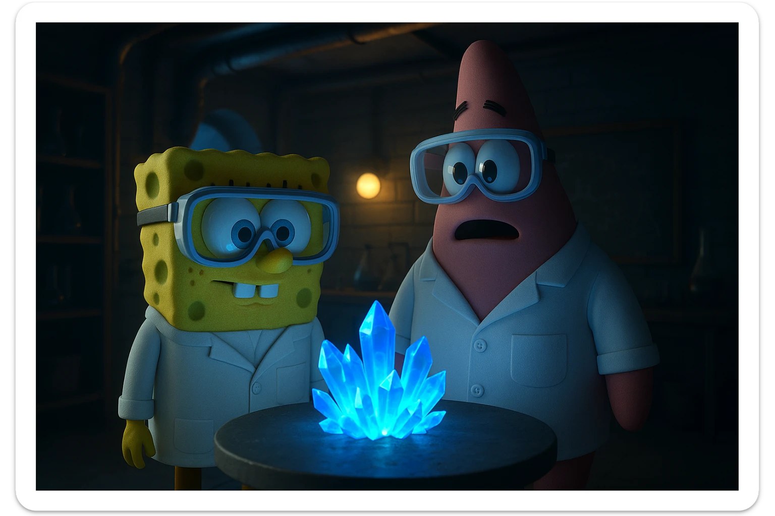 3D cienmatic cartoon shot, spongebob and patric dress in safety glasses and safe white outfit, the are standing front of table with blue crystals on table glowing (light source) science room in basement, back light, Cinema 4d render, proffesional lightning sticker