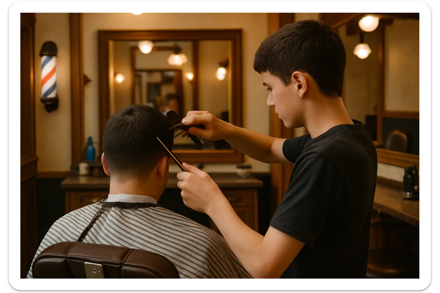 yuzi ko'rinmasin sartaroshxonada ishlayotganini tasvirlab ber mijozlarni sochini olayotganini o'smirin davrini sticker