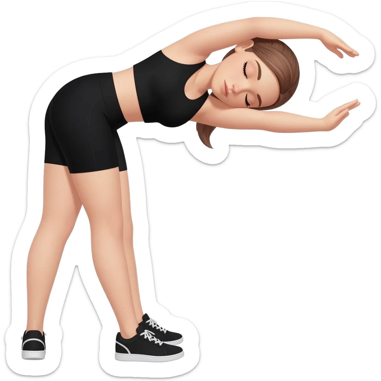 gentle bedtime stretch with sleepy mood, fair-skinned woman, gray-blue eyes, ash brown brows, ash light brown hair tied back, slim athletic body, black workout set, black sneakers with white soles sticker