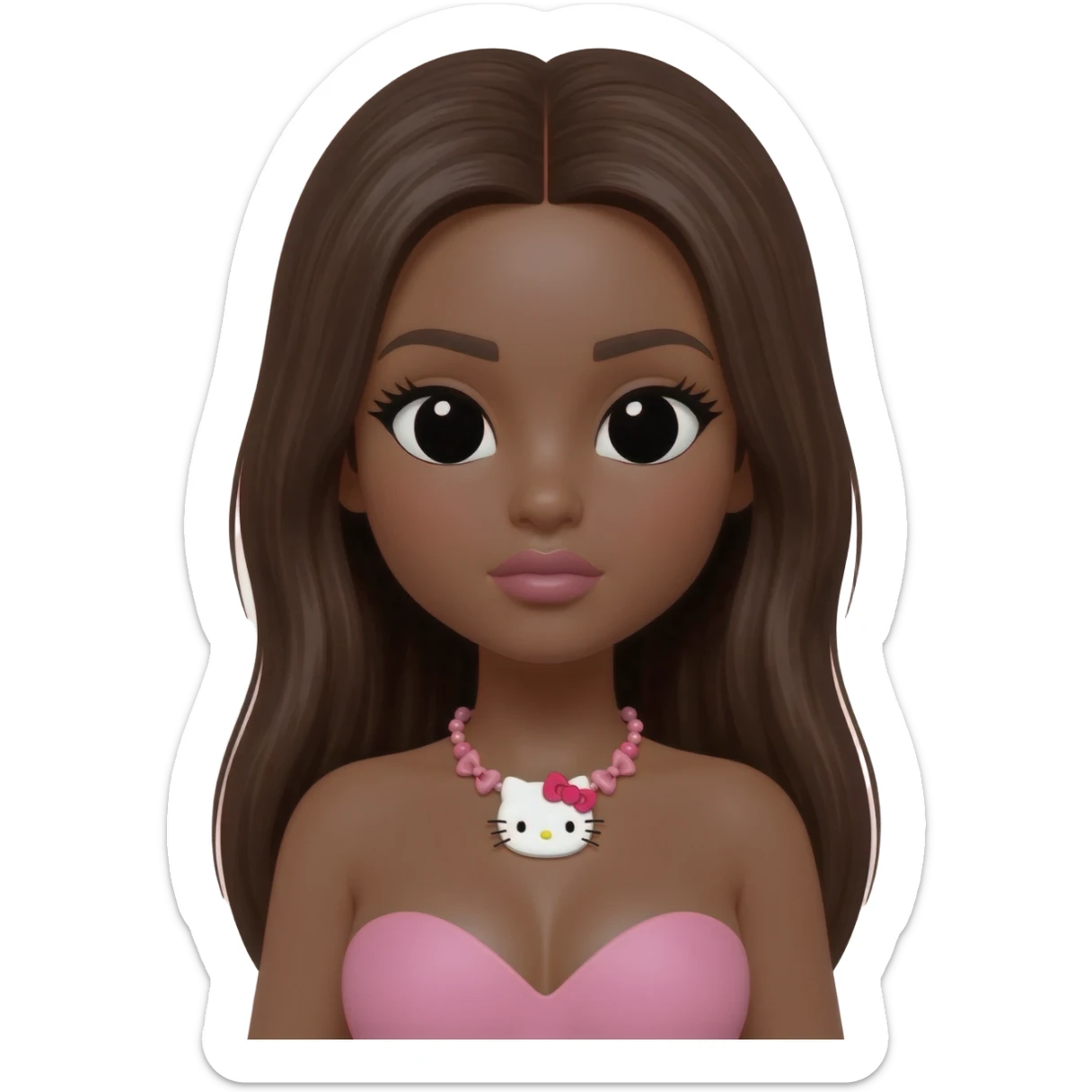 hello kitty necklace, doll eyes, Doll, big chest, dark brown skin, with middle part long dark brunette hair,  black cute eyes, pink bows with cute lips sticker