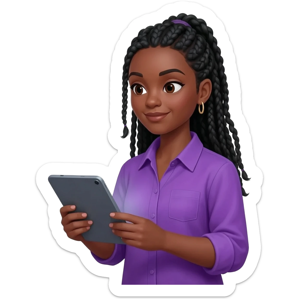 Émoji représentant une femme peau marron avec des longues nattes noires, une belle chemise violette regardant une tablette digitale super avancée dans ses mains sticker
