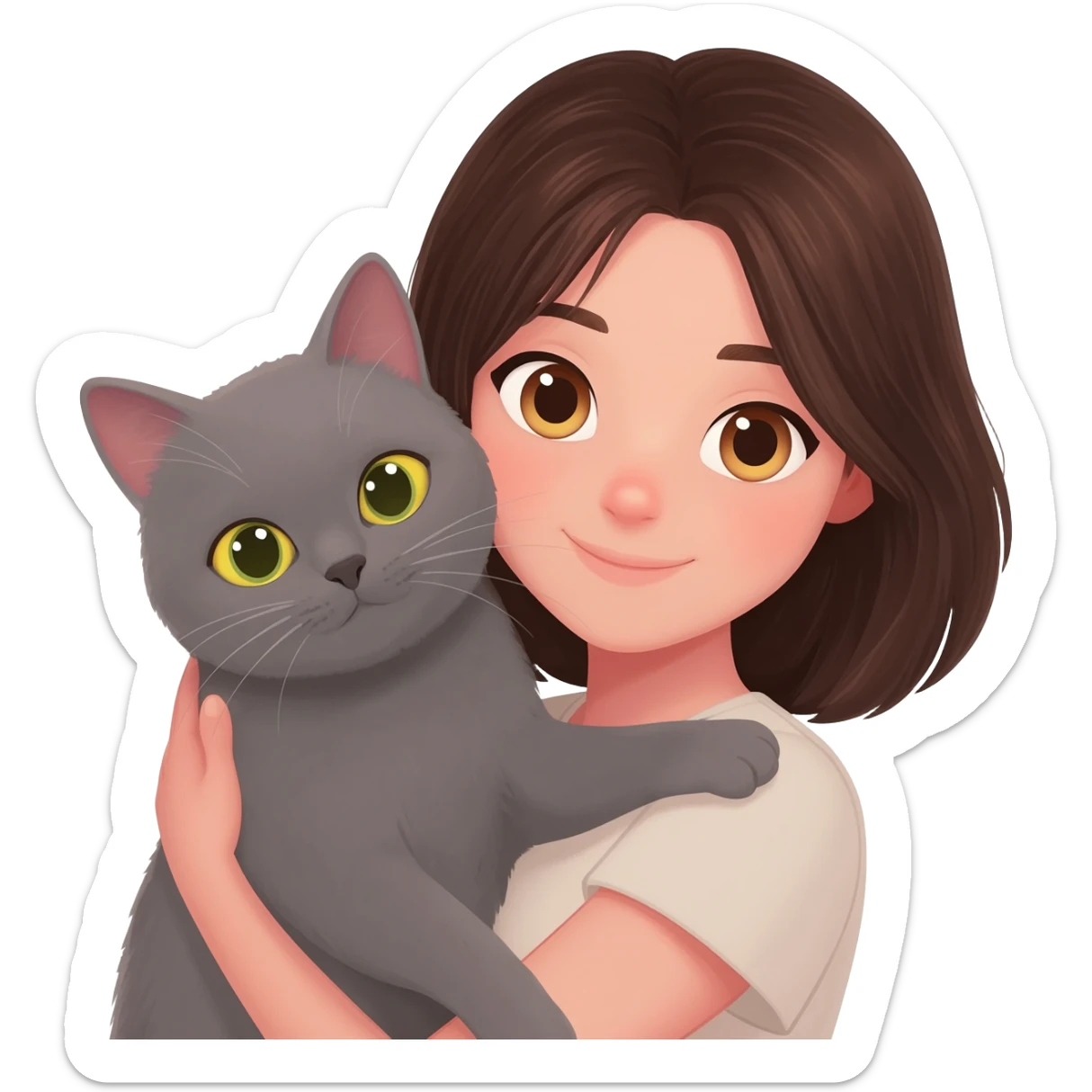 una chica con pelo castaña oscuro y ojos marrones con un gato gris de ojos amarillos casi verdes en brazos sticker