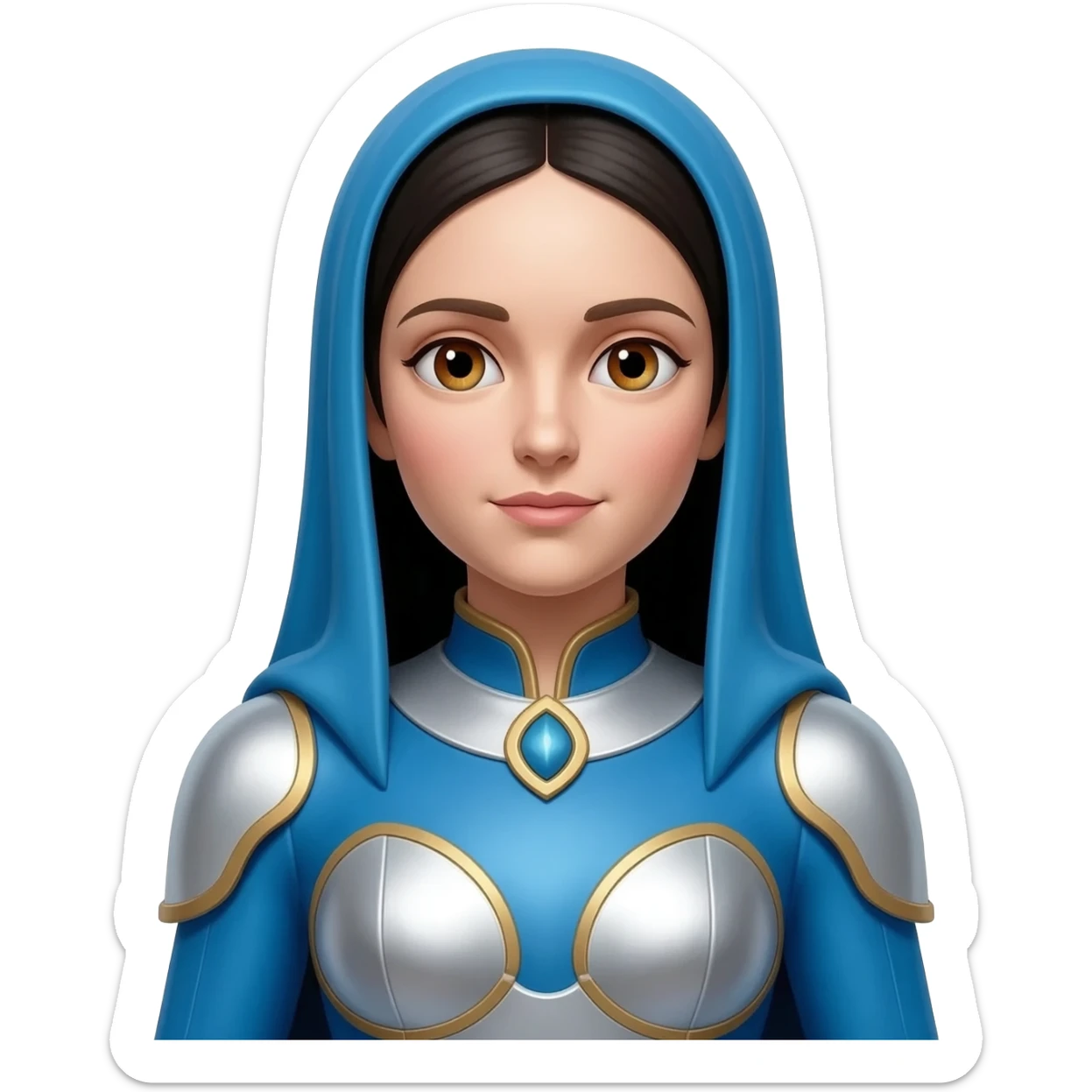 Mary, Mother of God from Christian Mythology with hazel eyes, long black hair, blue and white metallic outfit sticker