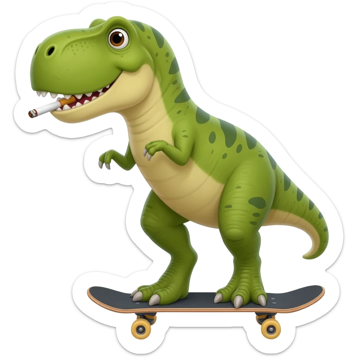 Dinosaur on a skateboard smoking a cigarette sticker