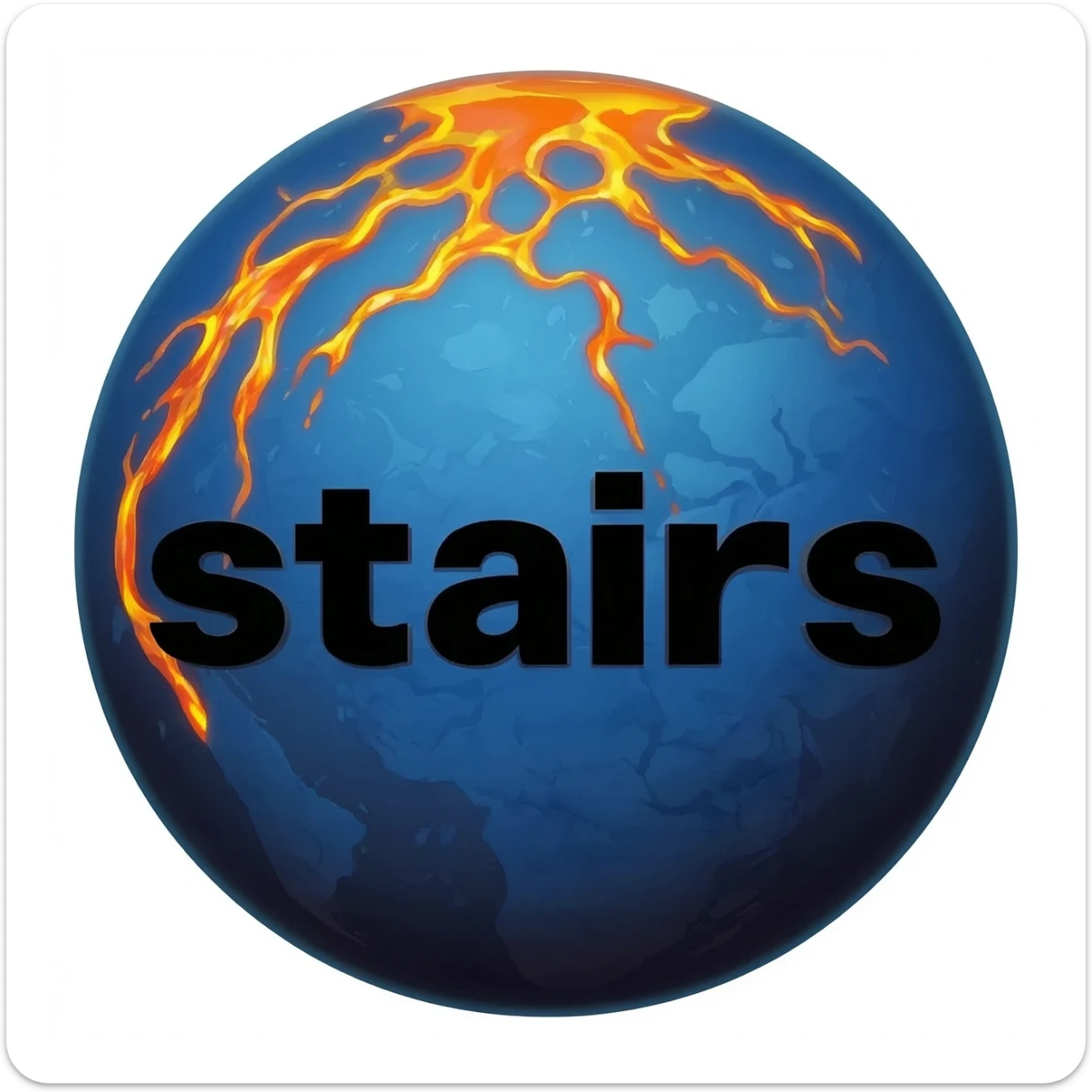 a blue burning planet in a realistic style that has "stairs" written on it in black letters sticker