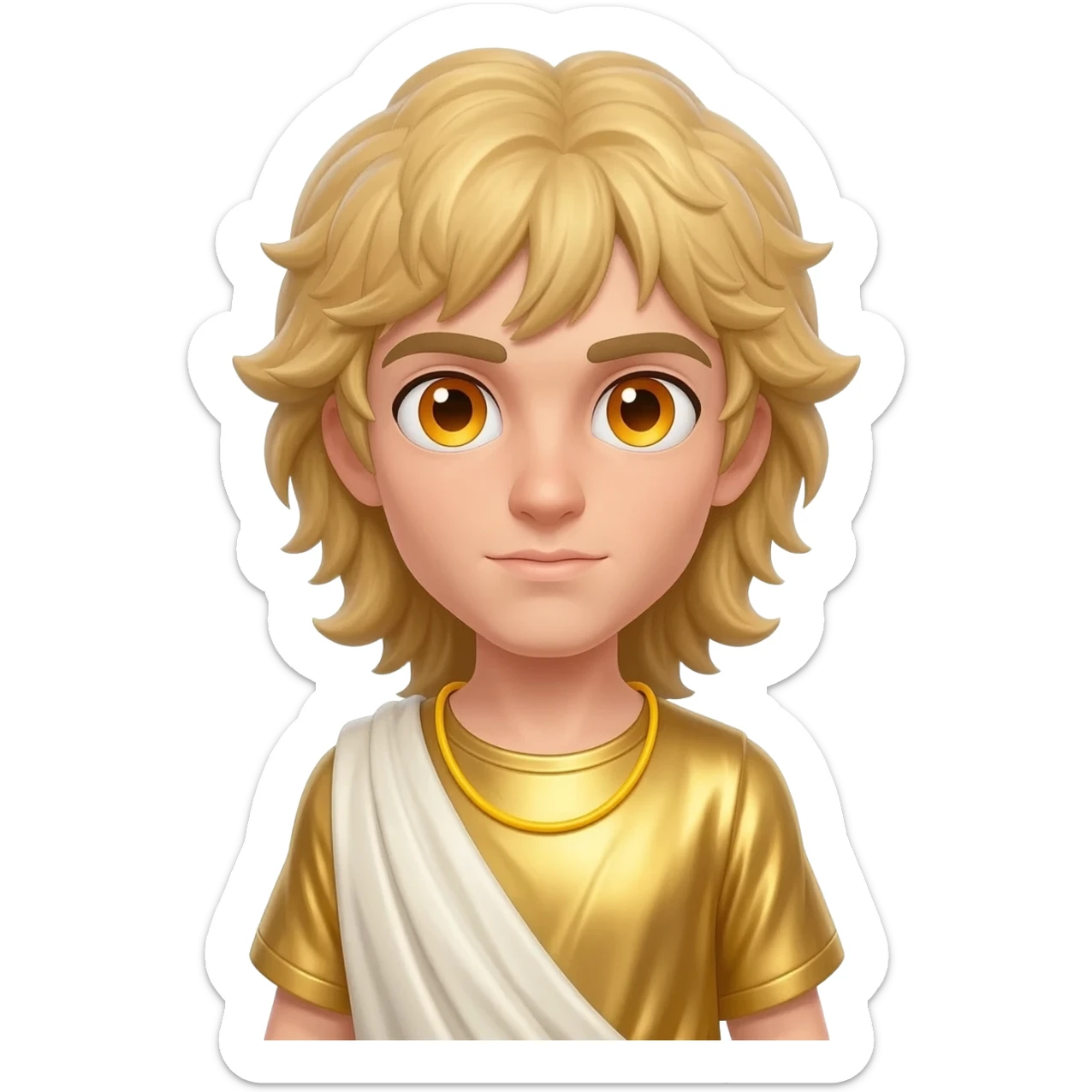 Apollo from Greek Mythology with amber eyes, long blonde hair, gold metallic shirt, ivory metallic baggy pants, yellow necklace sticker