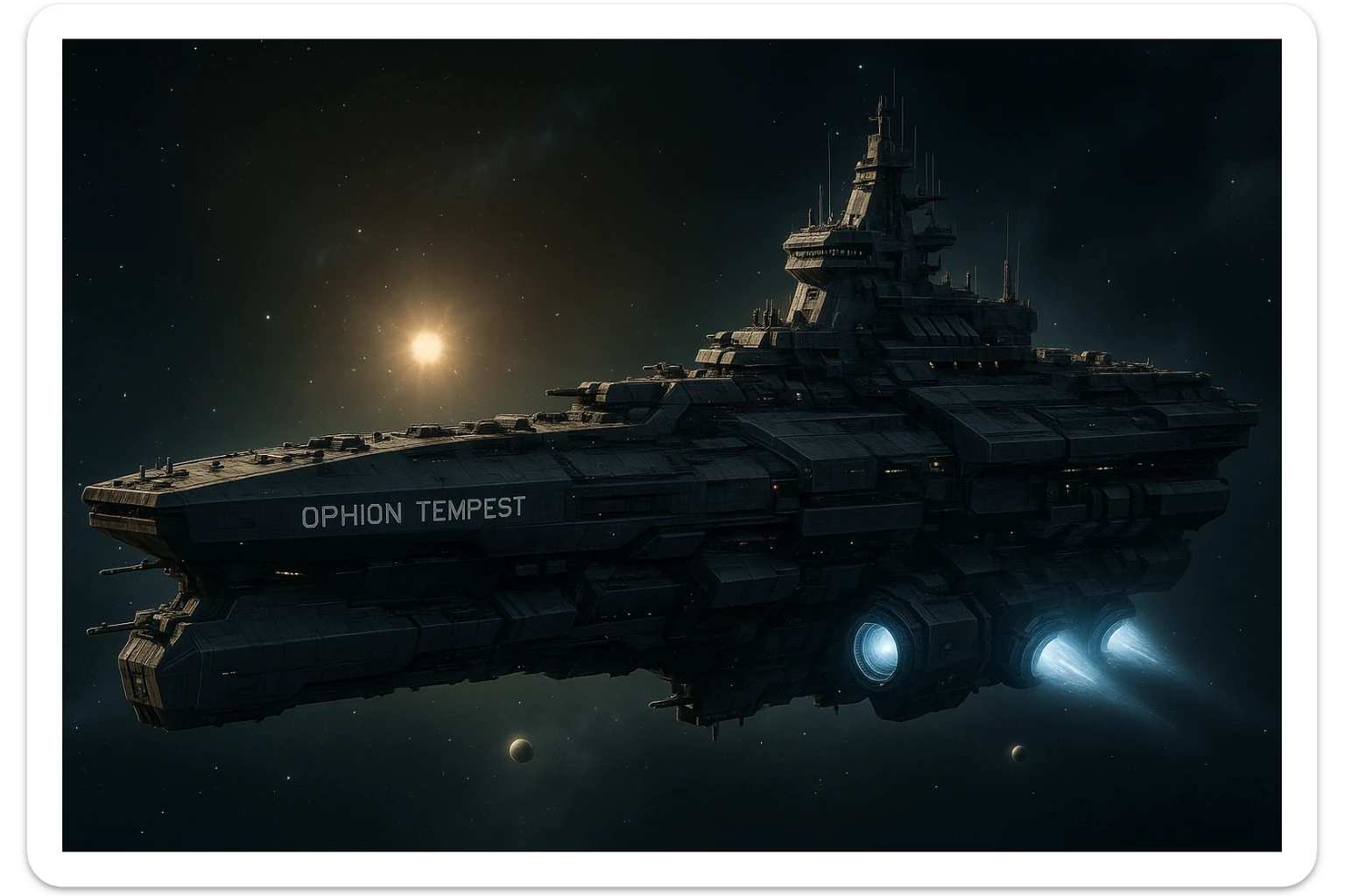 capital class space cruiser supercarrier of Zrian [human] origins, named the "Ophion Tempest" sticker