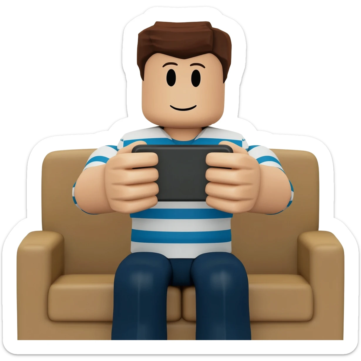 Genera un personaje de roblox con playera de rayas y jugando con su celular tomandolo con las 2 manos y el celular en horizontal sentado en un sillon sticker