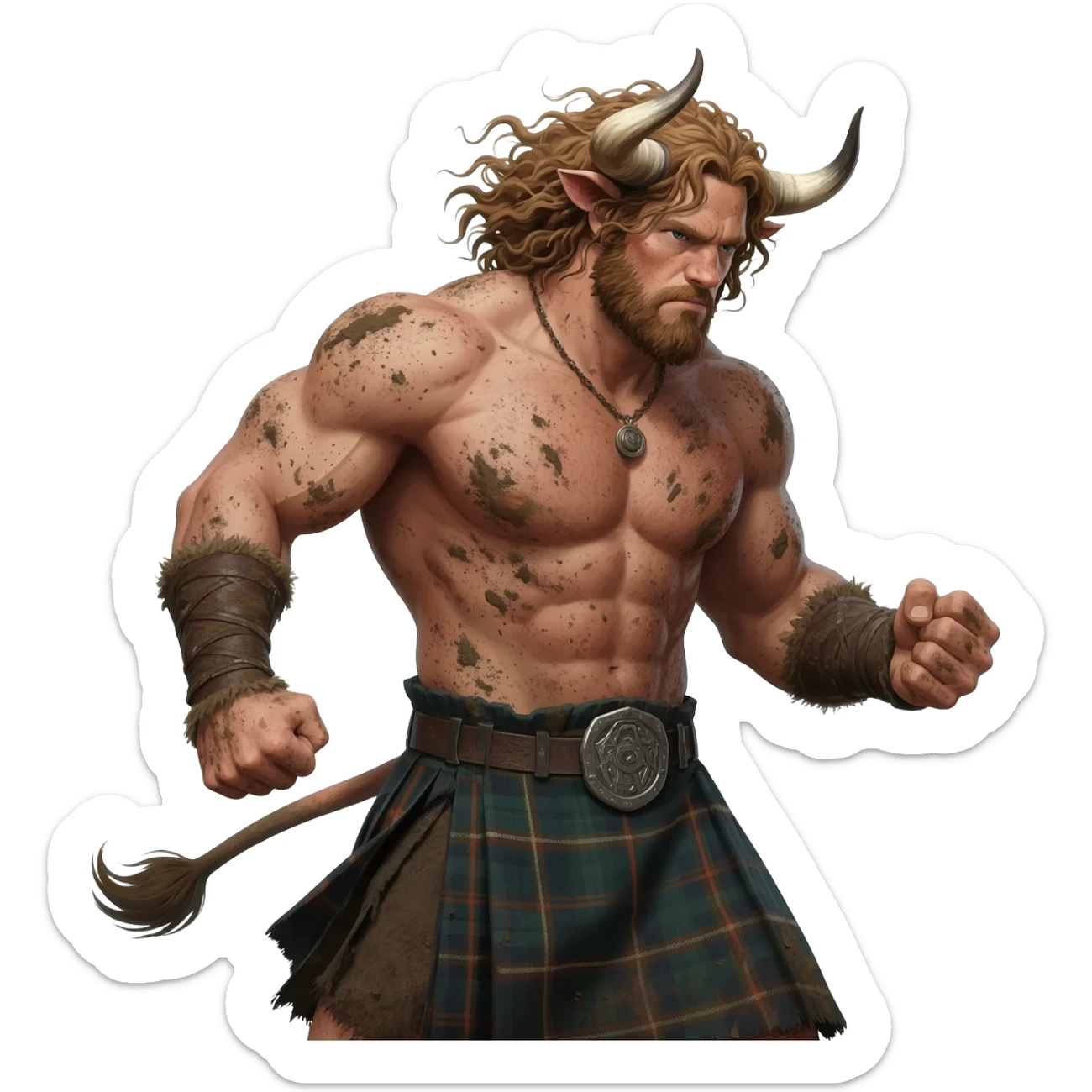 big buff curly hairy man covered in dirt with freckles with messy light brown bangs that covers his face completely with bull horns and bull ears and bull tail dressed in kilt stands in a fighting stance with wind in his hair sticker