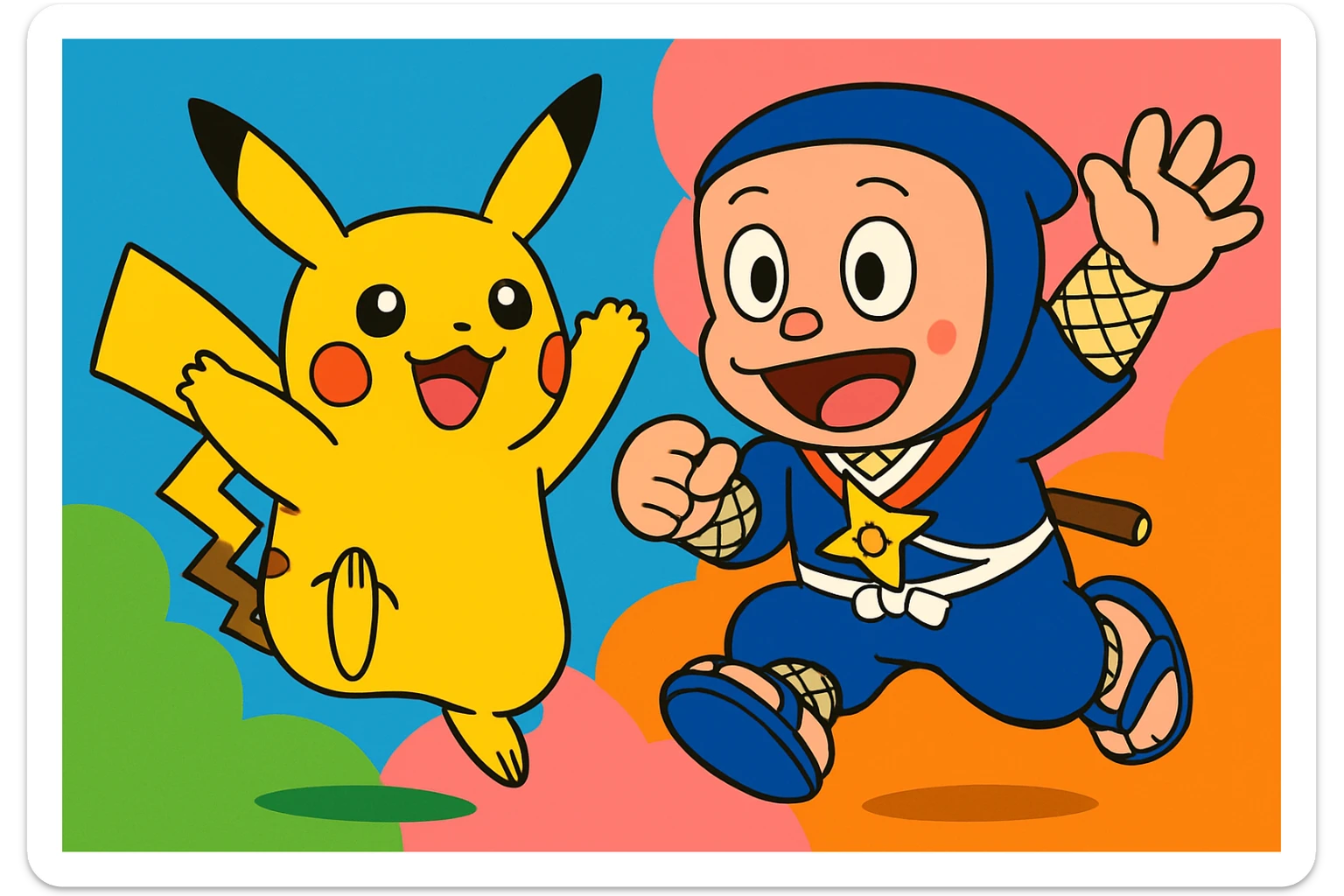 Pokemon and Ninja Hattori together, playful pose, vibrant cartoon style, colorful, dynamic, cheerful sticker