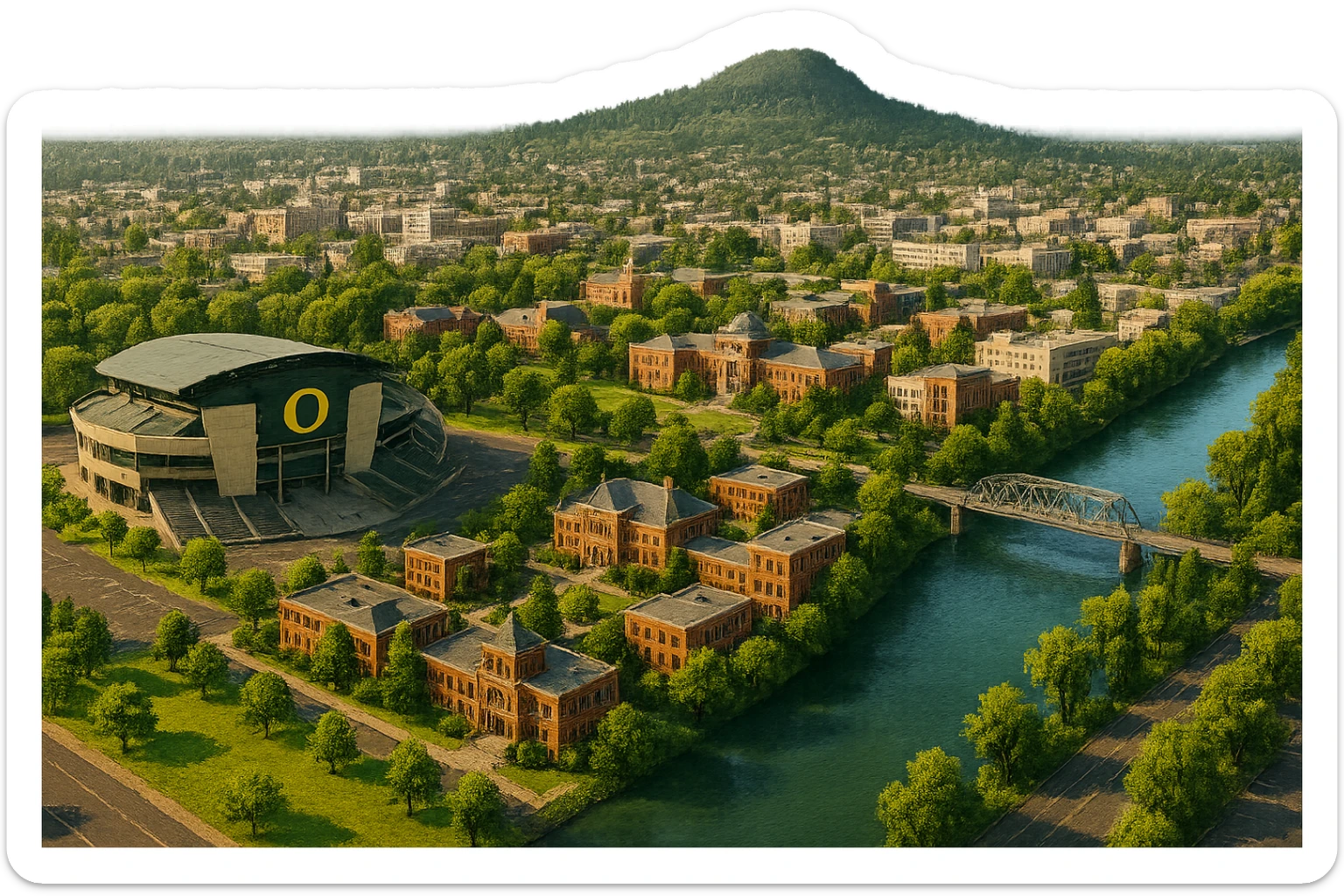 cinematic realistic emoji of Eugene Oregon wide city view with iconic landmarks Autzen Stadium University of Oregon campus Skinner Butte Willamette River lifelike detail accurate colors bright daytime lighting no sky no clouds no city name label transparent background sticker