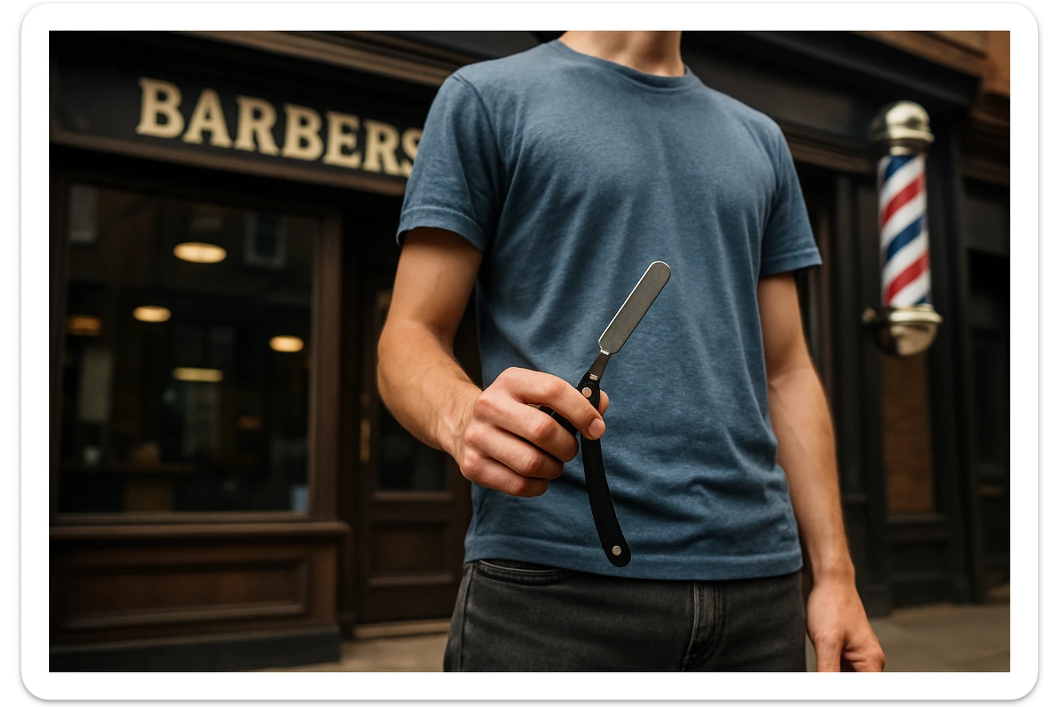 sartaroshxona oldida turgan yosh yigit bir qo'lida ustara bilan pastroqdan rakurs yuzi ko'rinmasin sticker