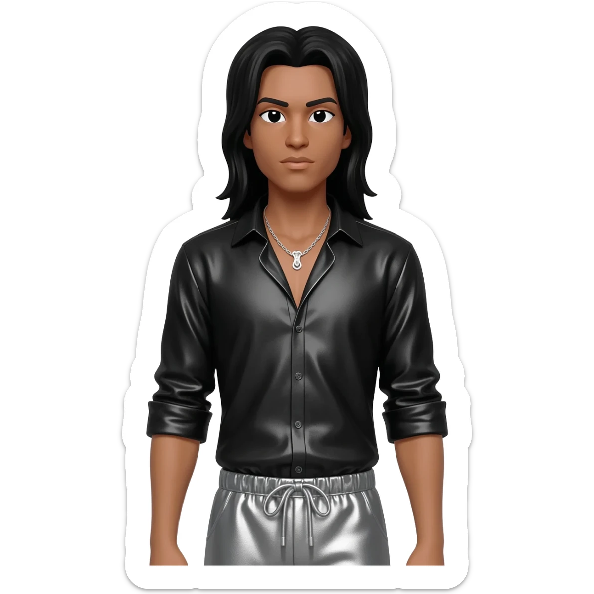 Bizzy Bone with long black hair, black metallic shirt, gray metallic harem pants, silver necklace sticker