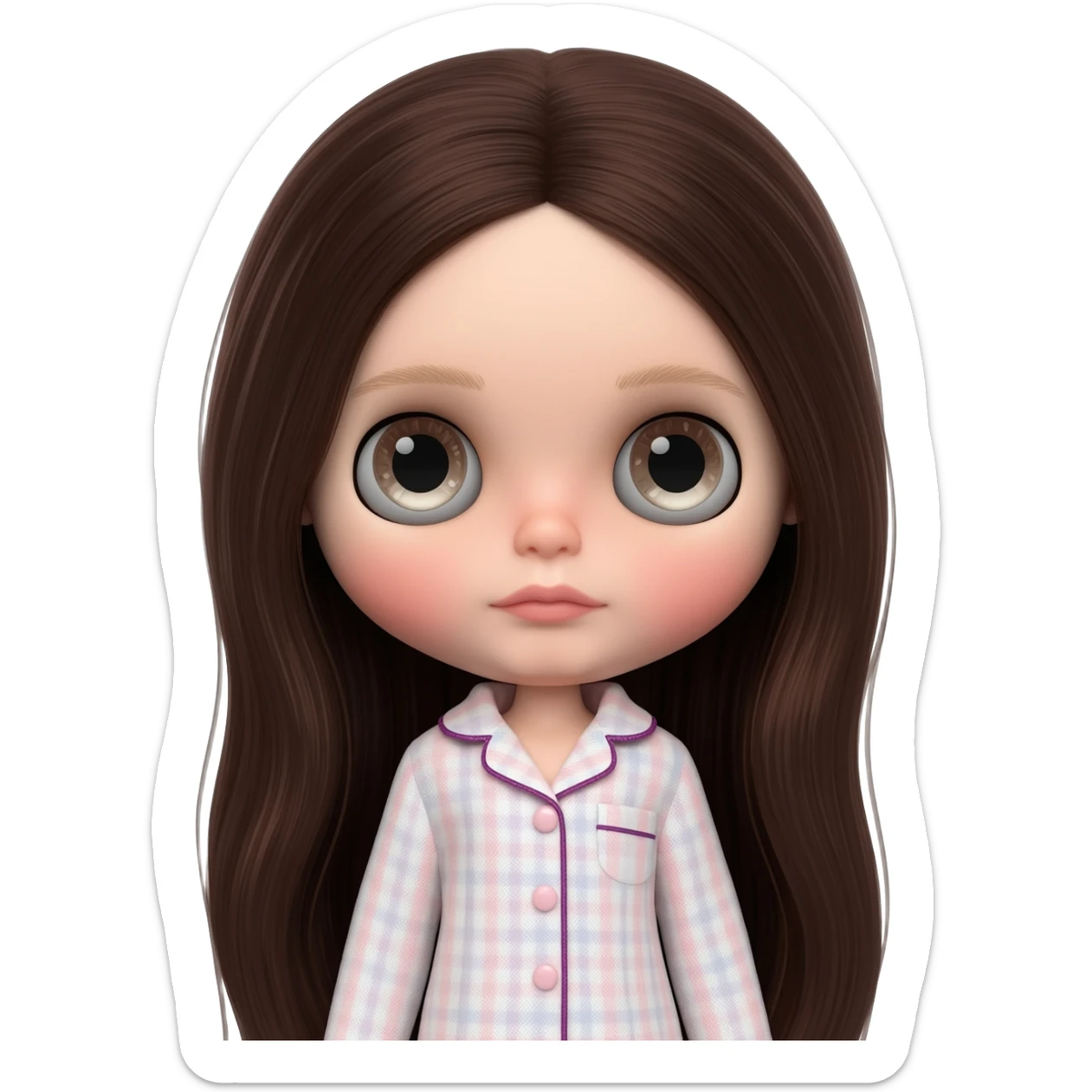 Make me an emoji that is wearing pajamas maker her a Blythe doll type emojiMake her hair longer Make her hair darker Make her hair a darker brown give her pale skin Maker more peach white pale sticker