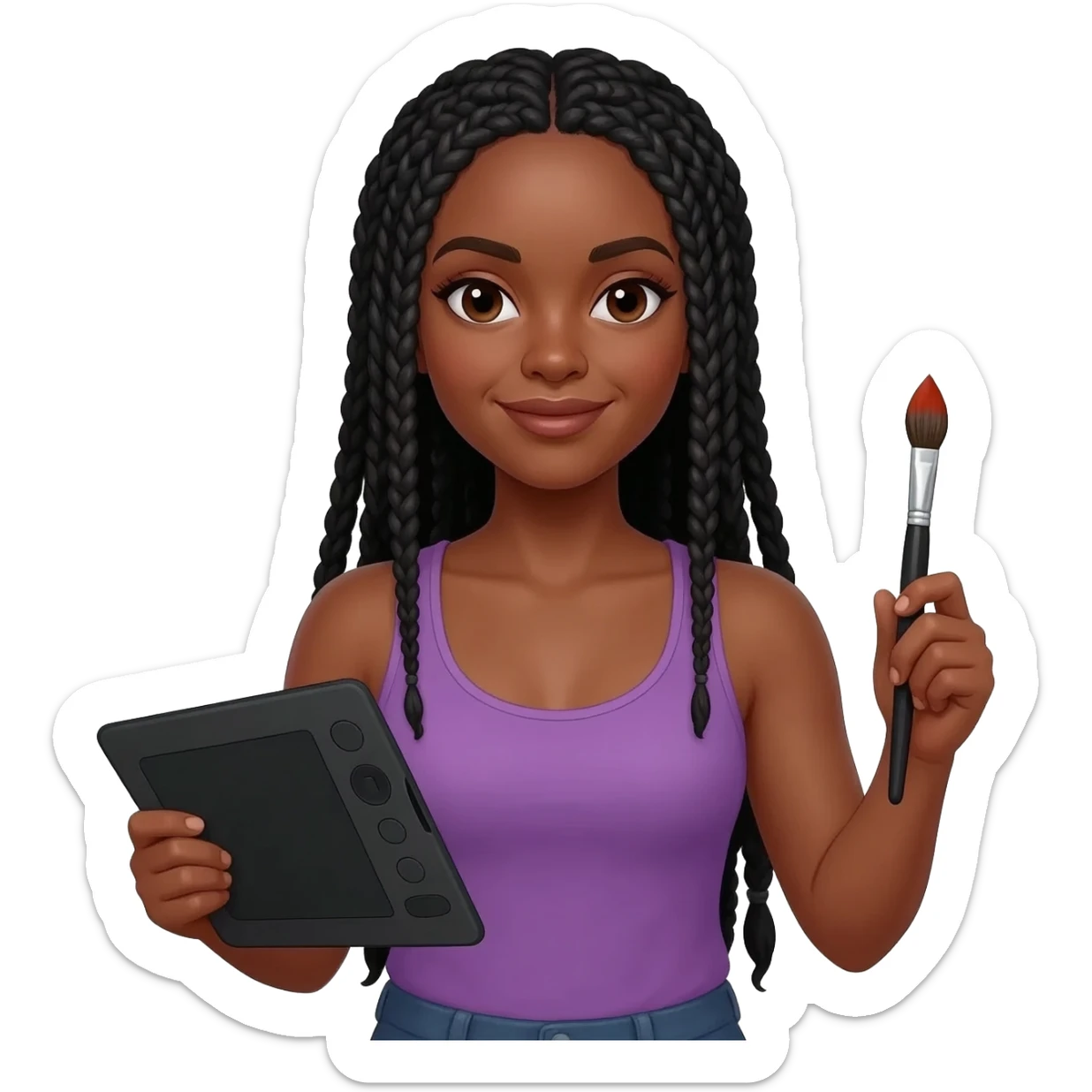 Emoji représentant une femme à la peau marron avec de longues braids noires et portant un beau débardeur violet, tenant une tablette graphique dans une main et un pinceau dans l’autre sticker