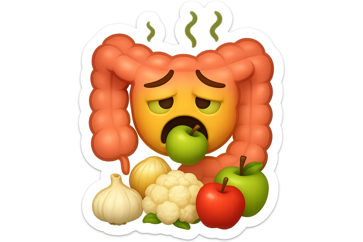 EMOJI STILE IPHONE DI UN INTESTINO UMANO IN CRISI PERCHé STA MALE, IN BOCCA HA UNA MELA E DAVANTI A LUI C'è UNA MONTAGNA DI aglio, cipolle, cavolfiore e mele sticker