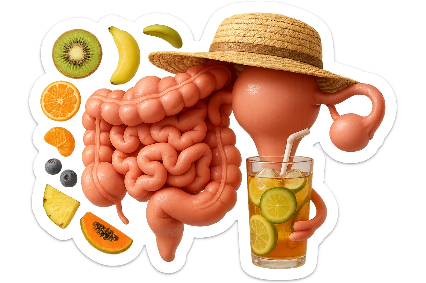 EMOJI STILE IPHONE DI INTESTINO E UTERO UMANI REALISTICI CON CAPPELLO DI PAGLIA DA SPIAGGIA CHE BEVE UN Tè FREDDO IN BICCHIERE DI VETRO CON DENTRO  fette di cetriolo, limone, lime, DIETRO L'INTESTINO FLUTTUANO PEZZETTI DI Kiwi
Banana acerba
Arance e mandarini
Mirtilli
Ananas
Papaya
IPERREALISTICO 4K sticker