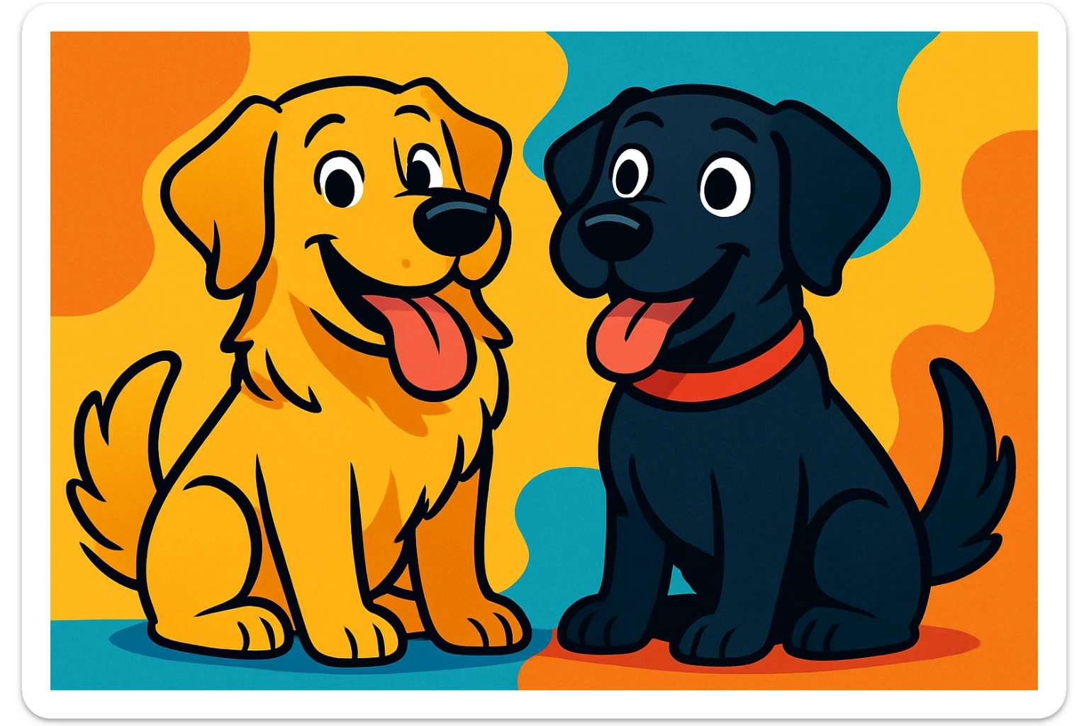 two animated dogs together, a golden retriever and a black labrador, colorful cartoon style sticker
