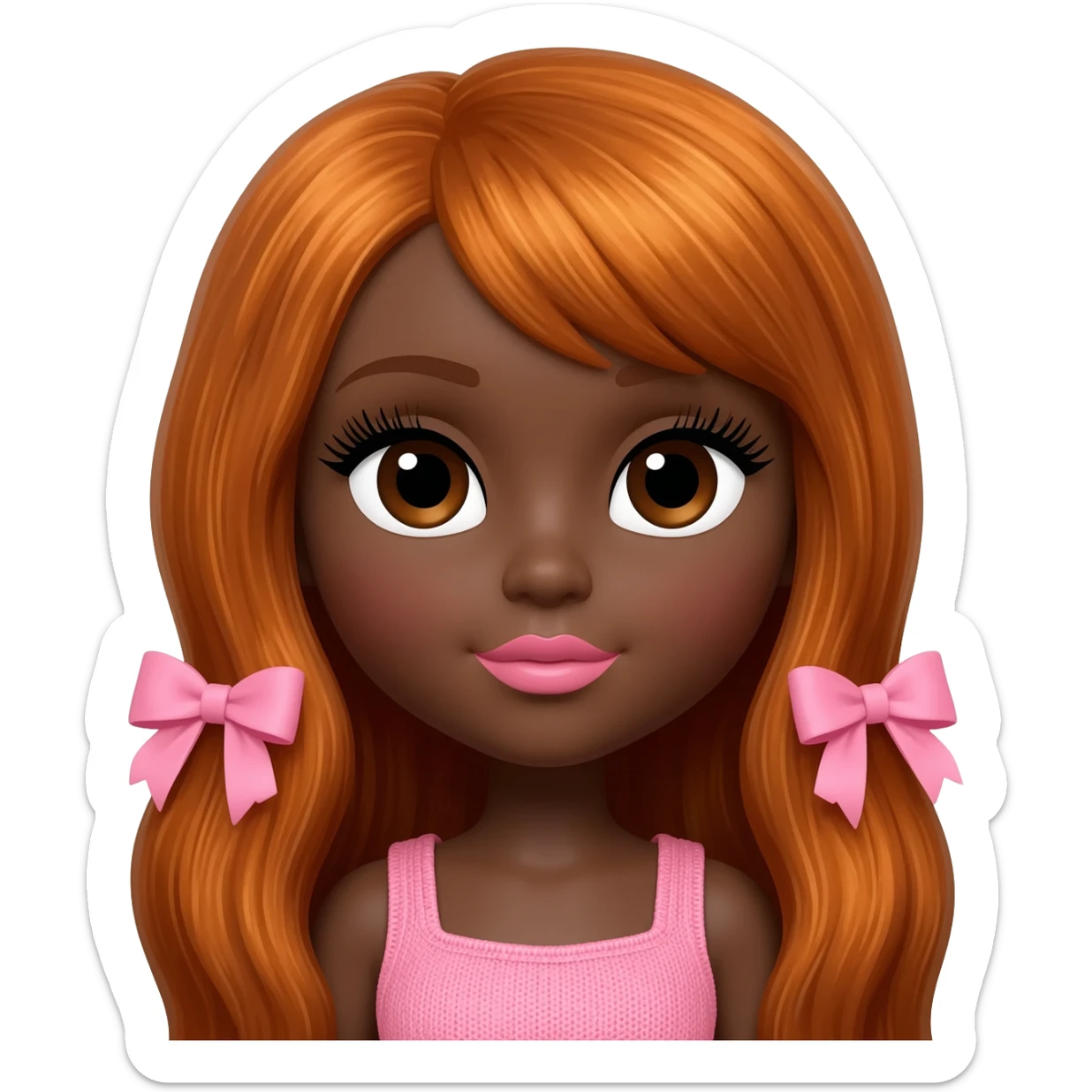 Doll with darkbrown skin with long ginger hair with pink bows, lashes, cute lips sticker