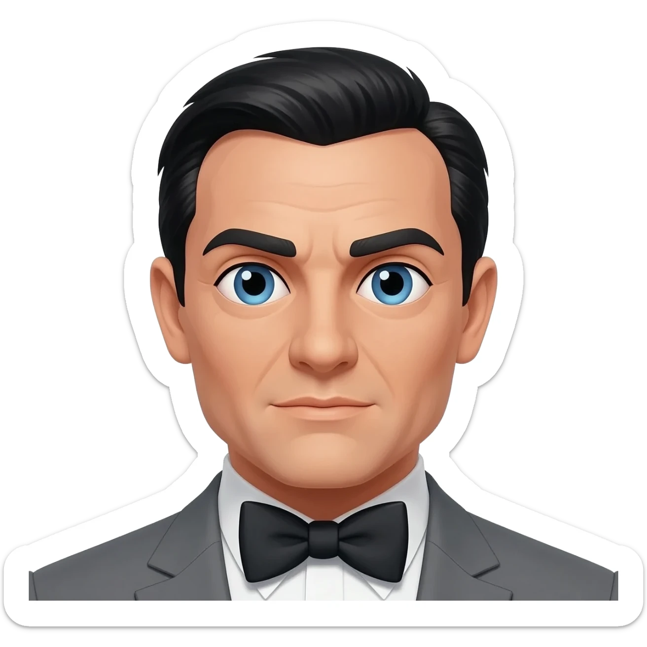 James Bond from James Bond Series with blue eyes, black hair, charcoal grey suit with bow tie sticker