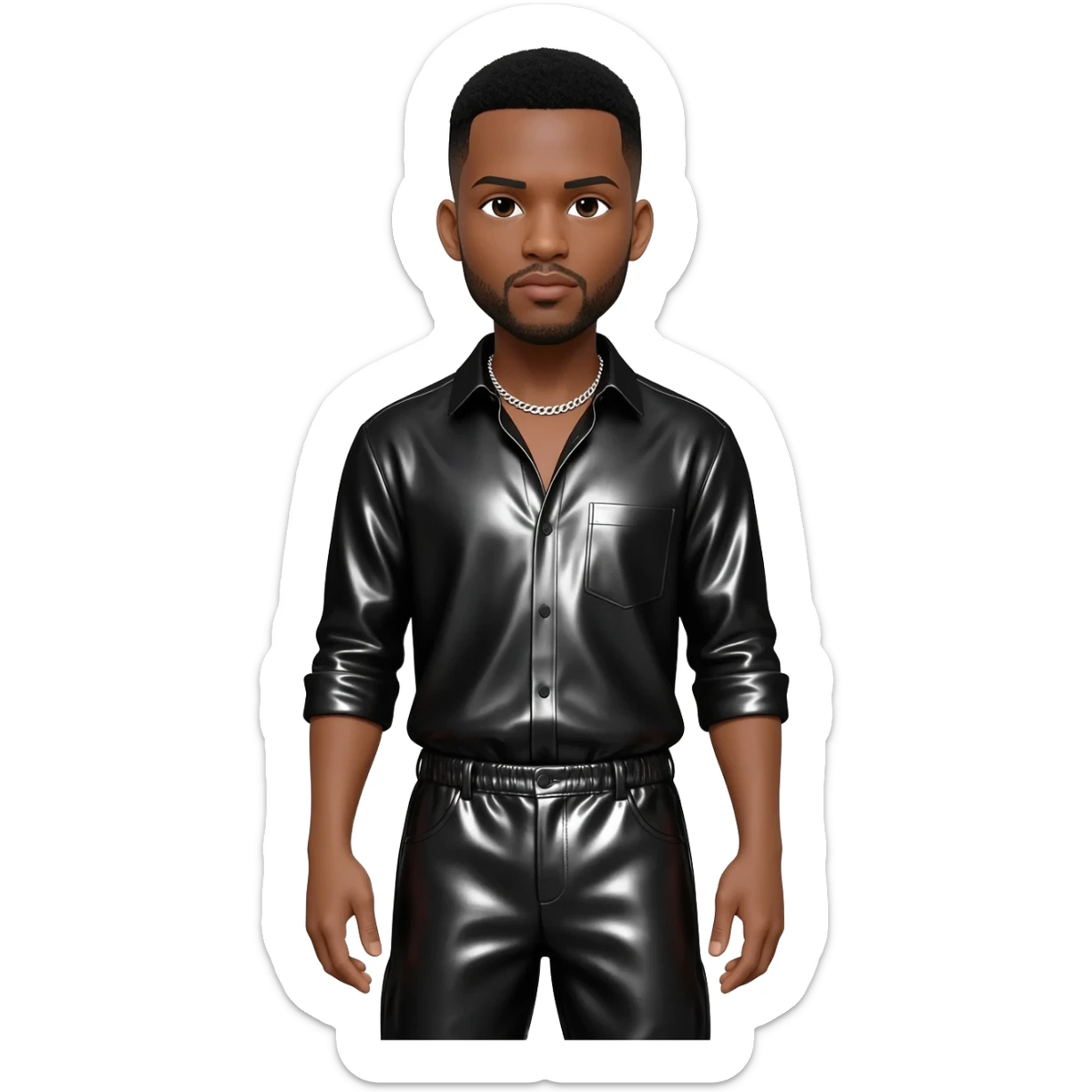 Tank, R&B Singer with black short hair, black metallic shirt, black metallic baggy pants, silver necklace sticker