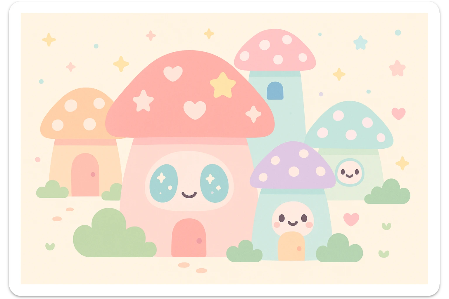 a fantasy village with mushroom houses, kawaii style sticker
