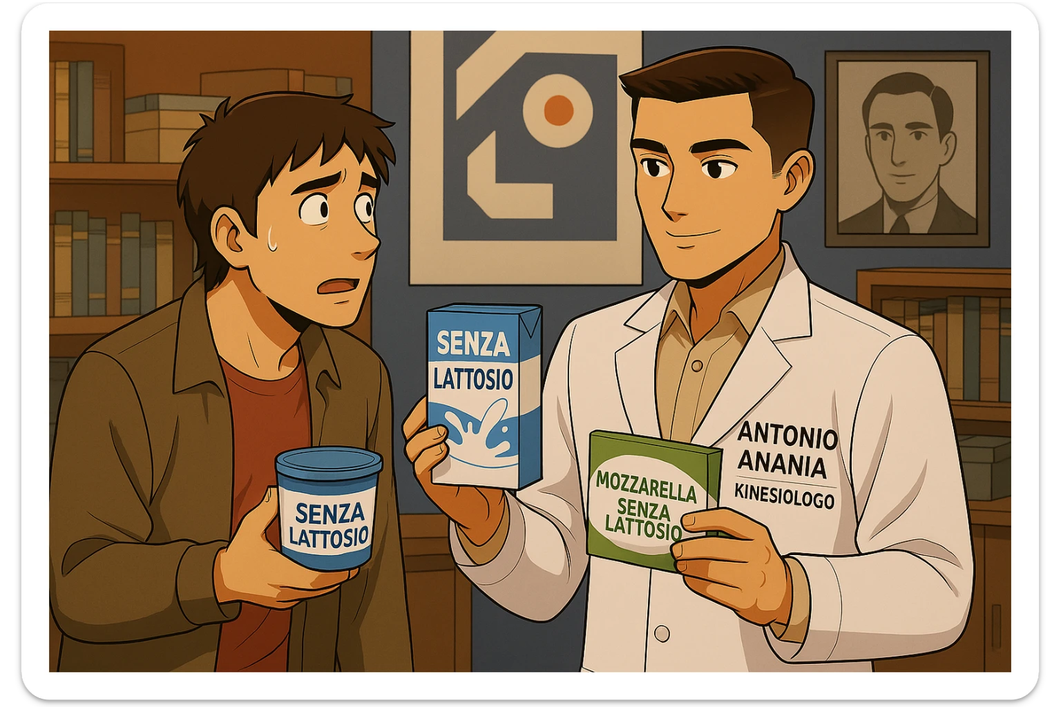 fai un webtoon manga a colori con questo stile, in cui un uomo ASCOLTA Il kinesiologo con il camice bianco (fagli anche la scritta "ANTONIO ANANIA" SUL CAMICE, IL KINESIOLOGO SPIEGA ALL'UOMO UNA MOSTRANDO VARI PRODOTTI DA SUPERMERCATO CONFEZIONATI (TIPO SCATOLA DI LATTE SENZA LATTOSIO, MOZZARELLA SENZA LATTOSIO), OGNI CONFEZIONE HA LA SCRITTA "SENZA LATTOSIO SULL'ETICHETTA. L'UOMO OSSERVA IL KINESIOLOGO CON ESPRESSIONE CONFUSA IN VOLTO. non fare i fumetti però, fai solo in modo che sembri stiano parlando sticker