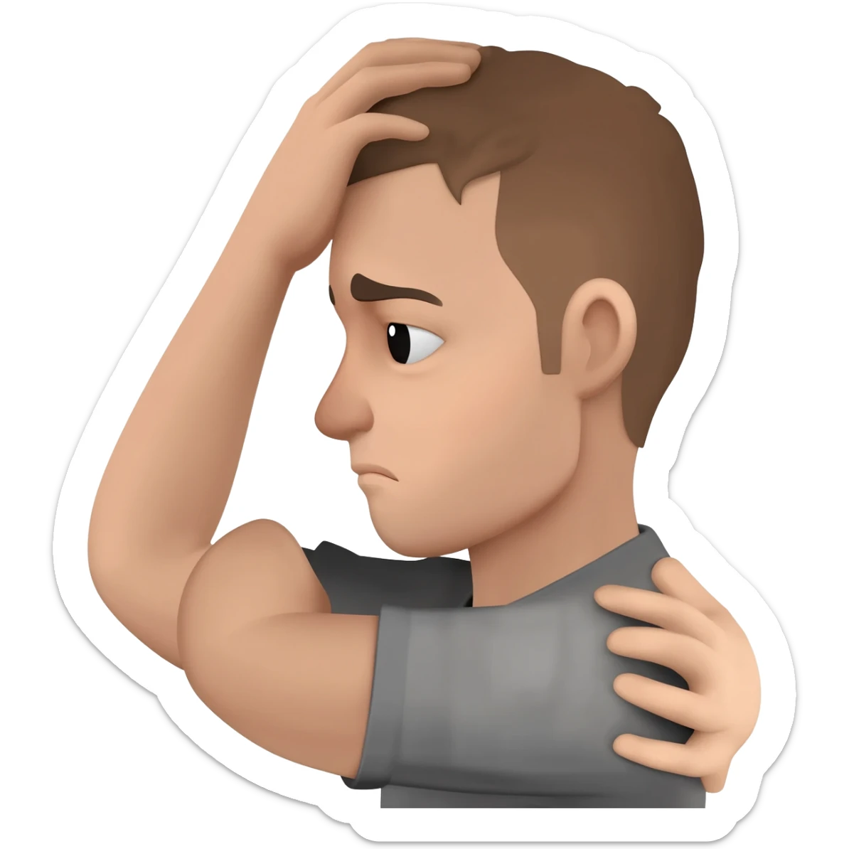 A man who is depressed with his left arm draped over the top of his head so the inside of his left elbow is on the very top of his head where hair grows from and his left hand is touching his right shoulder sticker