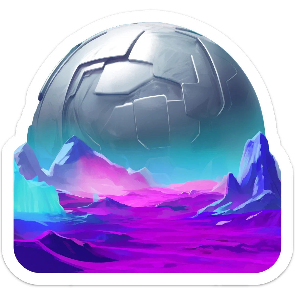 Futuristic silvery cyber planet with glowing cyan and magenta  sticker