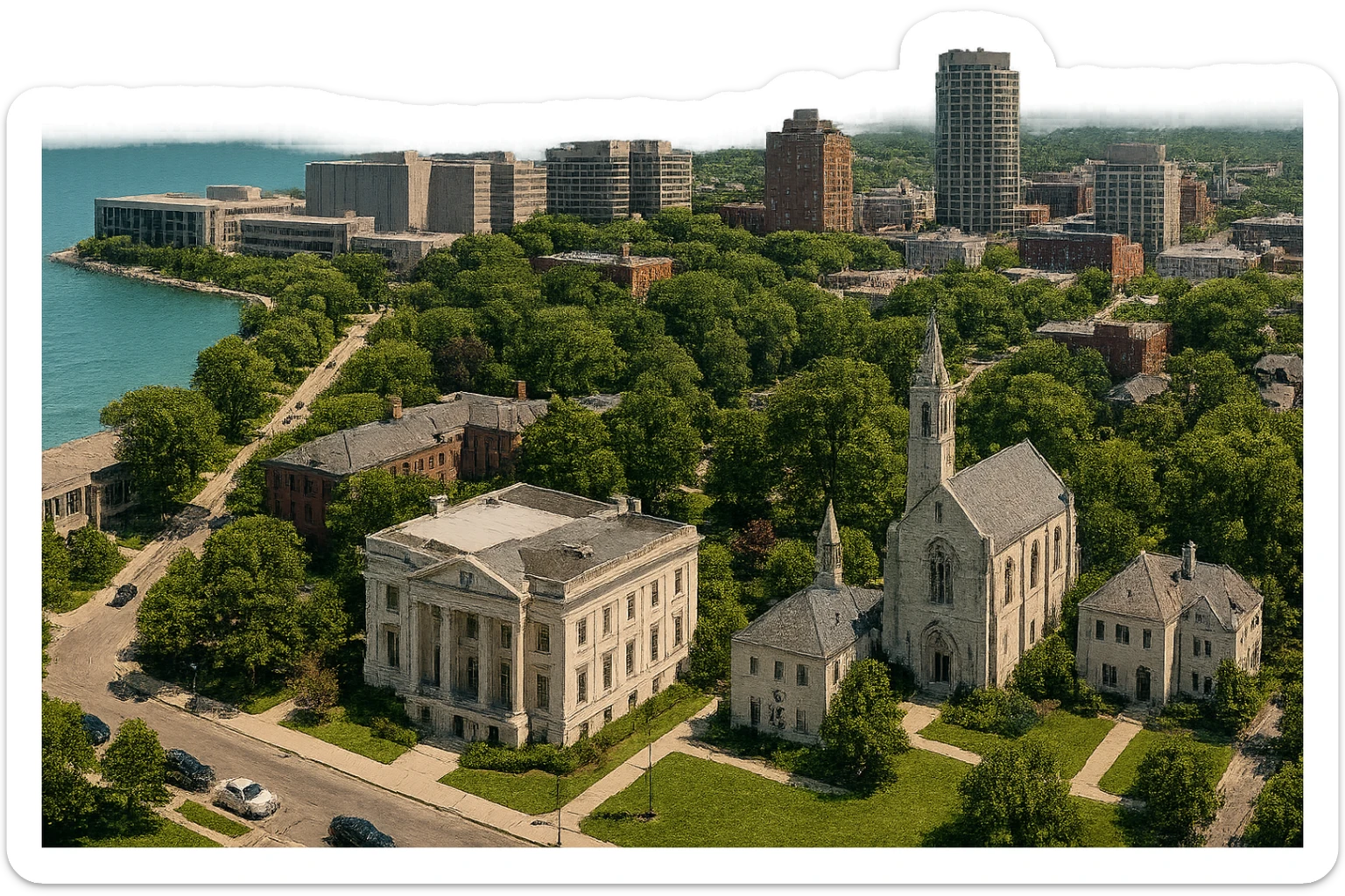 cinematic realistic emoji of Evanston, Illinois, panoramic cityscape with Northwestern University campus, Lake Michigan, downtown Evanston, Sigma Chi International Fraternity Headquarters, Levere Memorial Chapel (Sigma Alpha Epsilon HQ), lifelike detail, accurate colors, bright daylight, no sky, no clouds, transparent background sticker