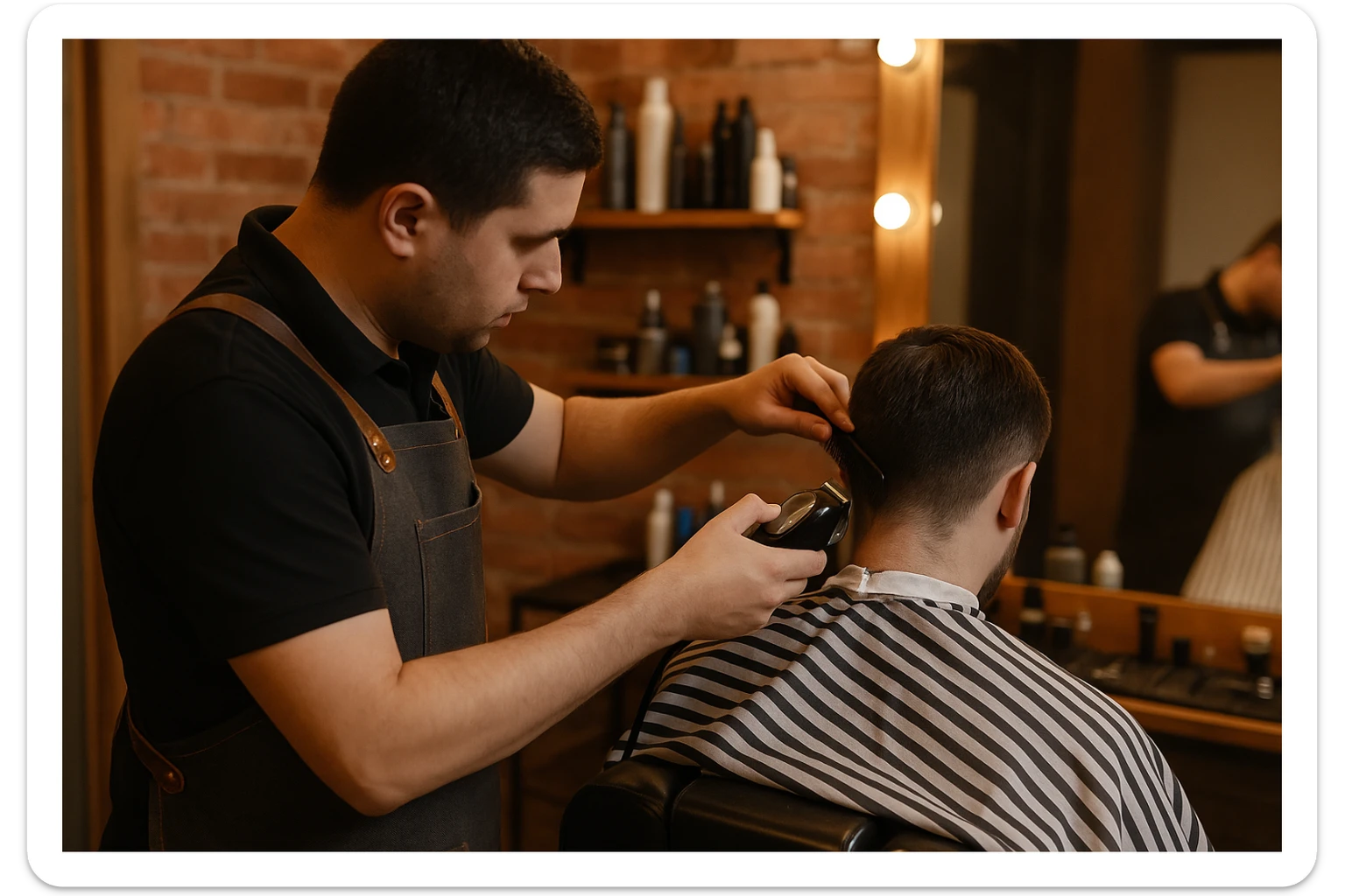 yuzi ko'rinmasin sartaroshxonada ishlayotganini tasvirlab ber sticker