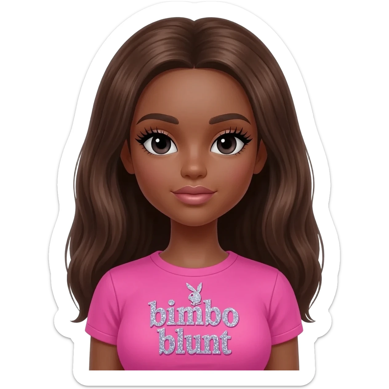 doll body , dark brown eyebrows, dark skin girl,Long giant lashes, bimbo, black doll eyes, barbie, dark brown skin, with brown hair, big breast, pink 2000s t shirt says on the sparkling text “bimbo blunt” on playboy logo sticker