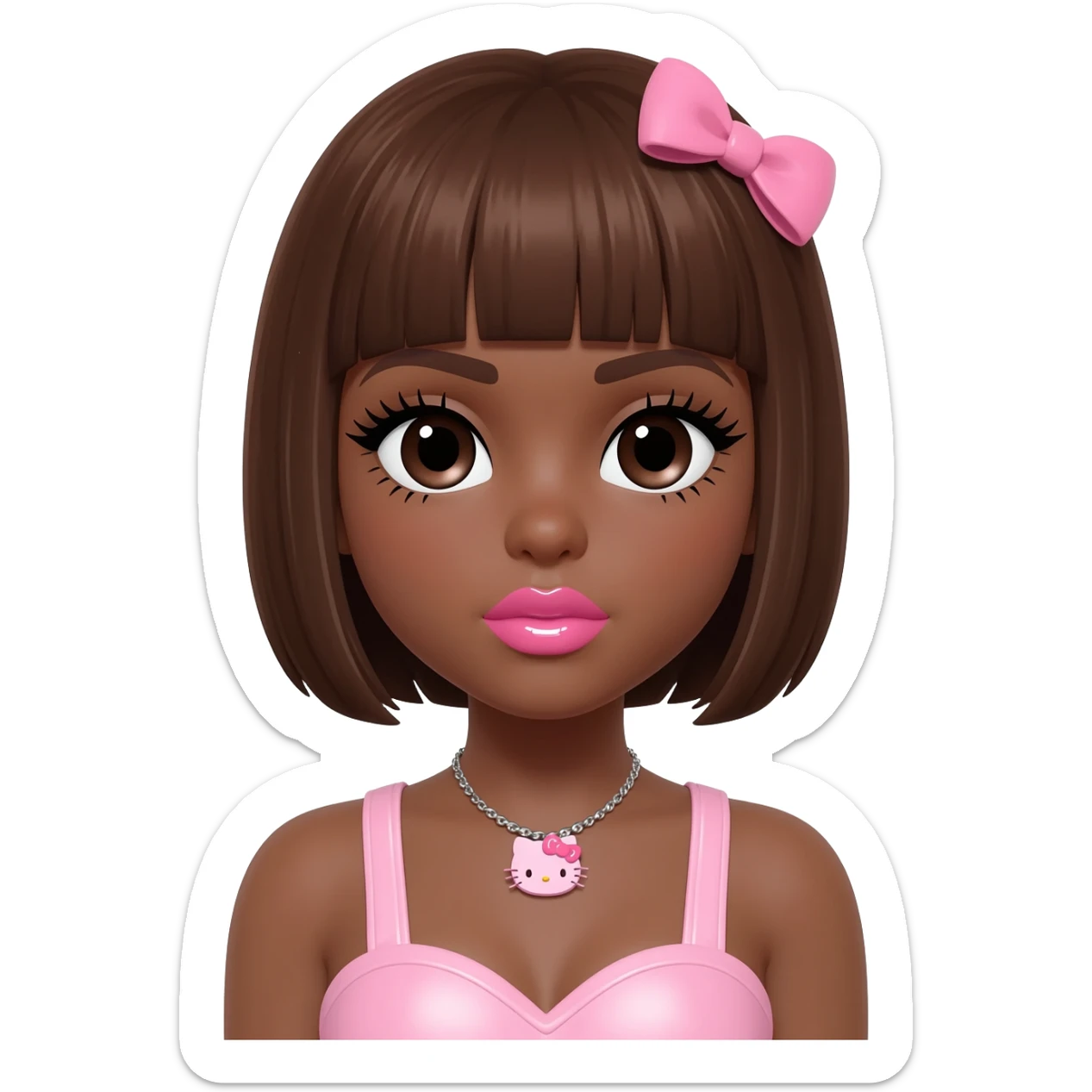 heart shaped lips, cute glossy lips, doll eyes with long lashes, dark brown skin, brown hair, big chest, hello kitty necklace, one bow clip, bimbocore outfit sticker