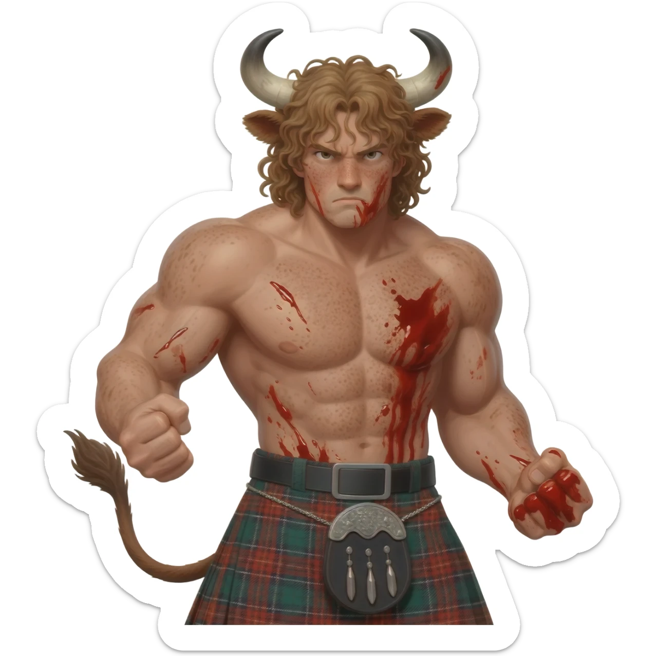 big buff curly hairy man covered in blood with freckles with messy light brown bangs that covers his face completely with bull horns and bull ears and bull tail dressed in kilt fighting posture closeup sticker