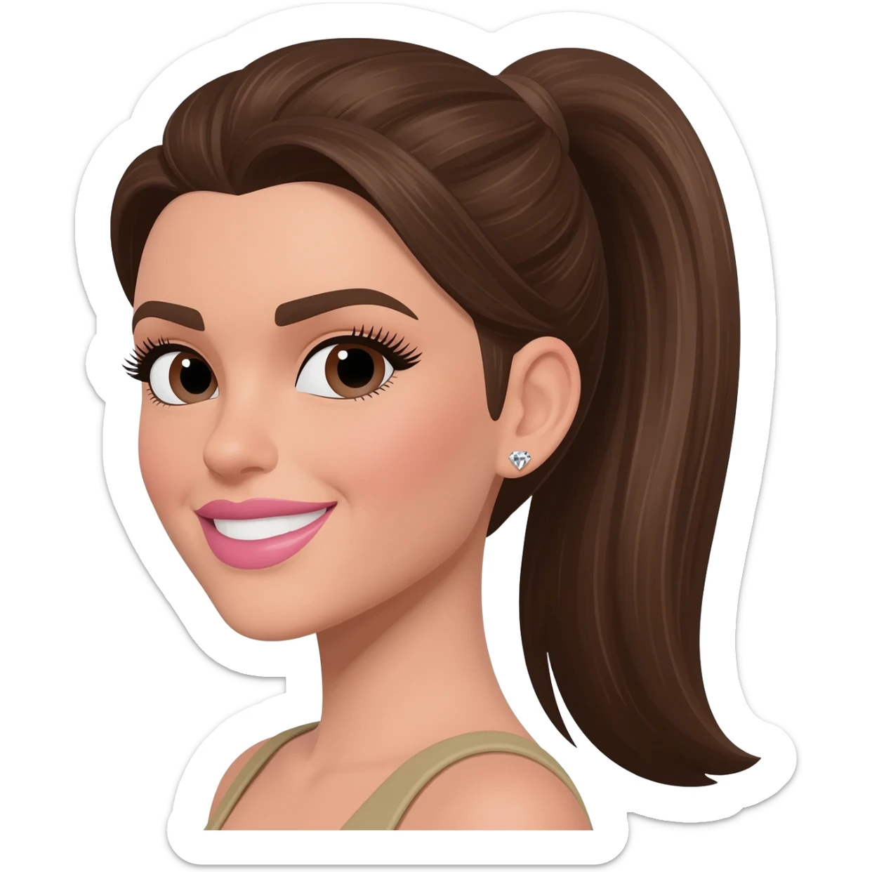 brunette with long medium brown hair in a sleek high ponytail, dark brown eyes, medium brown eyelash color, full lips, small button nose, fair olive color skin, with full eye lashes, diamond earring studs, with pink lipstick, nice smile, with medium brown eyebrows sticker