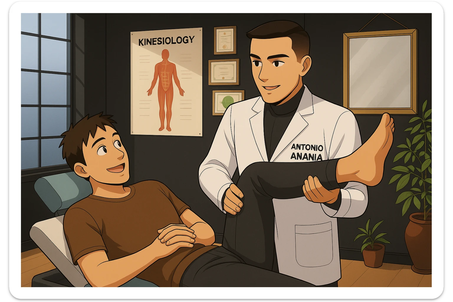 su questo lettino rappresenta un webtoon manga a colori con questo stile, in cui un uomo è steso sul lettino medico e il kinesiologo con il camice bianco (fagli anche la scritta "ANTONIO ANANIA" SUL CAMICE, gli solleva una gamba per fargli il test neuromuscolare, IL KINESIOLOGO SPIEGA ALL'UOMO UNA cosa mentre gli alza la gamba. l'espressione dell'uomo è felice e soddisfatta, non fare i fumetti però, fai solo in modo che sembri stiano parlando sticker