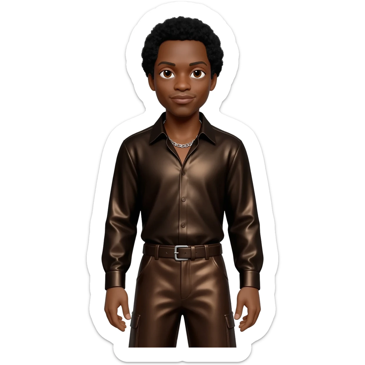 James Brown with dark brown eyes, black hair, dark brown metallic shirt, dark brown metallic baggy pants, silver necklace sticker