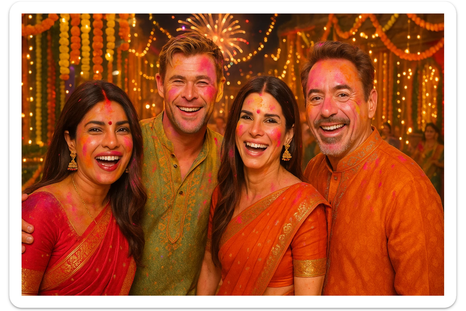 a group of international celebrities celebrating an Indian festival, joyful, bright colors sticker