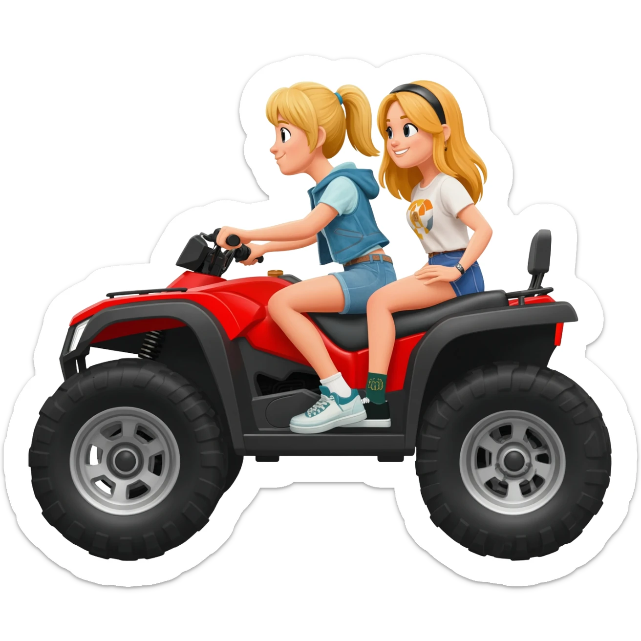 Two blonde girls riding in a side by side buggy sxs sticker